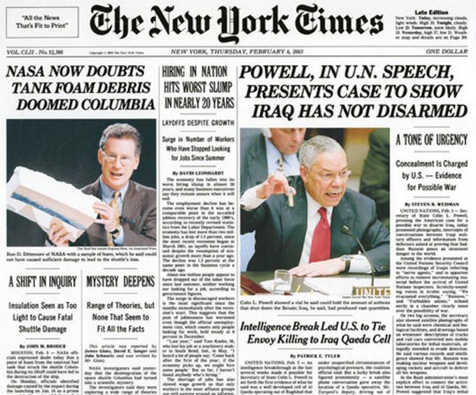 Colin Powell discursa no Conselho de Segurança das Nações Unidas sobre o Iraque, 2003.