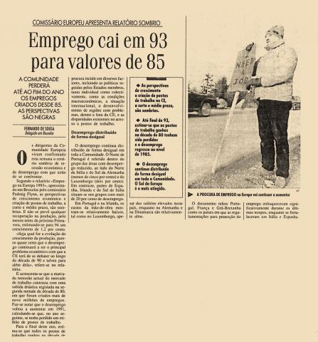Emprego cai em 93 para valores de 85