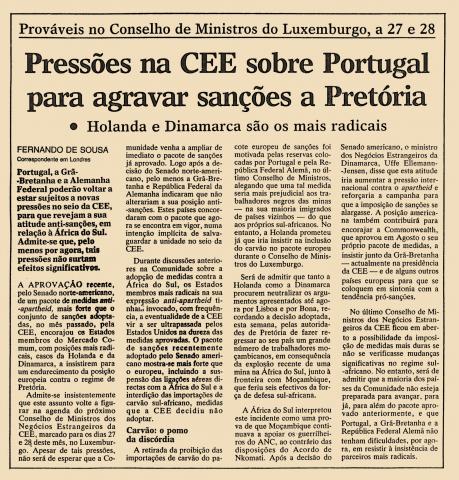 Pressões na CEE sobre Portugal para agravar sanções a Pretória 