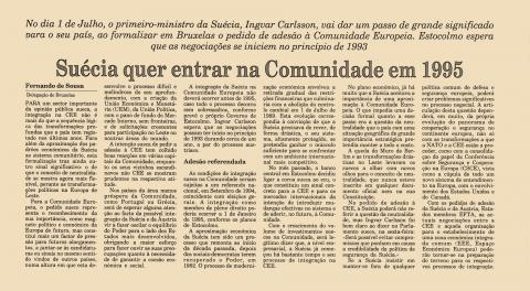 Suécia quer entrar na Comunidade em 1995