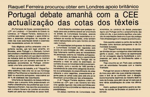 Portugal debate amanhã com a CEE actualização das cotas dos têxteis  