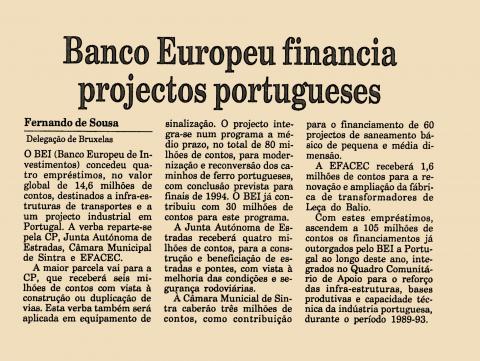 Banco Europeu financia projectos portugueses