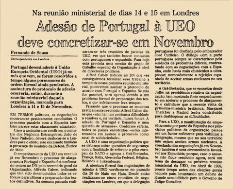 Adesão de Portugal à UEO deve concretizar-se em Novembro Adesão de Portugal à UEO deve concretizar-se em Novembro